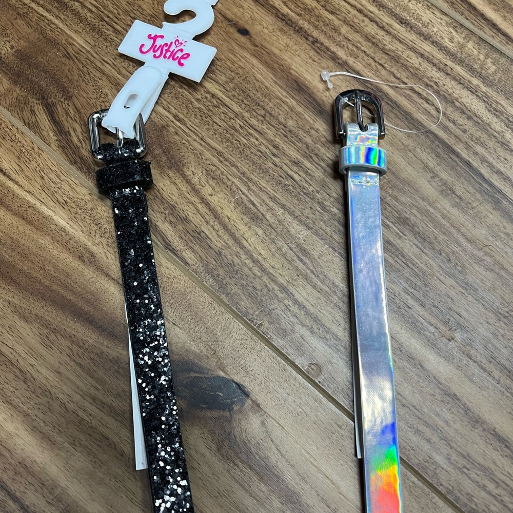 Lot of 2 Justice girl’s black & silver sparkle belt NWT, size Small